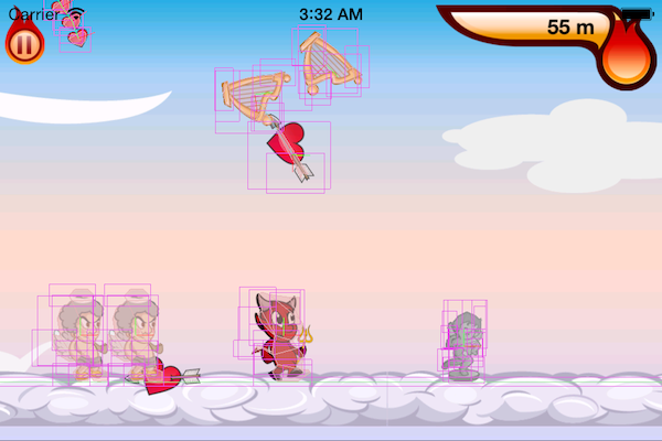 Screenshot of game with physics debugging graphics.